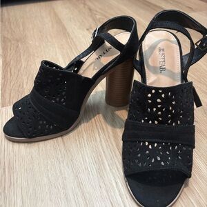 JustFab Black Laser-Cut Suede Block Heel Sandals with Wood-Tone Heel
